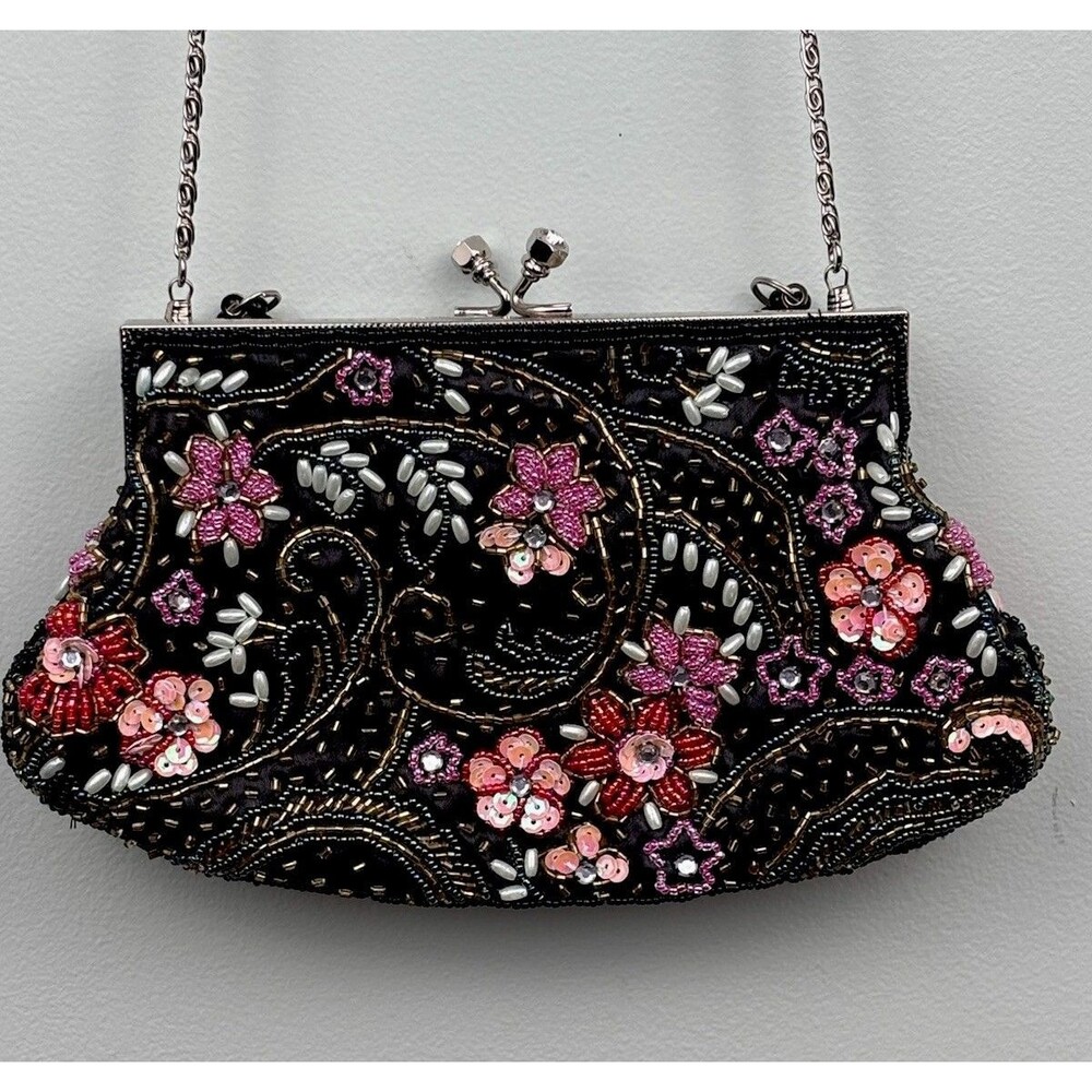 VTG Floral Sequin Beaded Clutch Shoulder Evening Bag Art Deco Chain Purse
